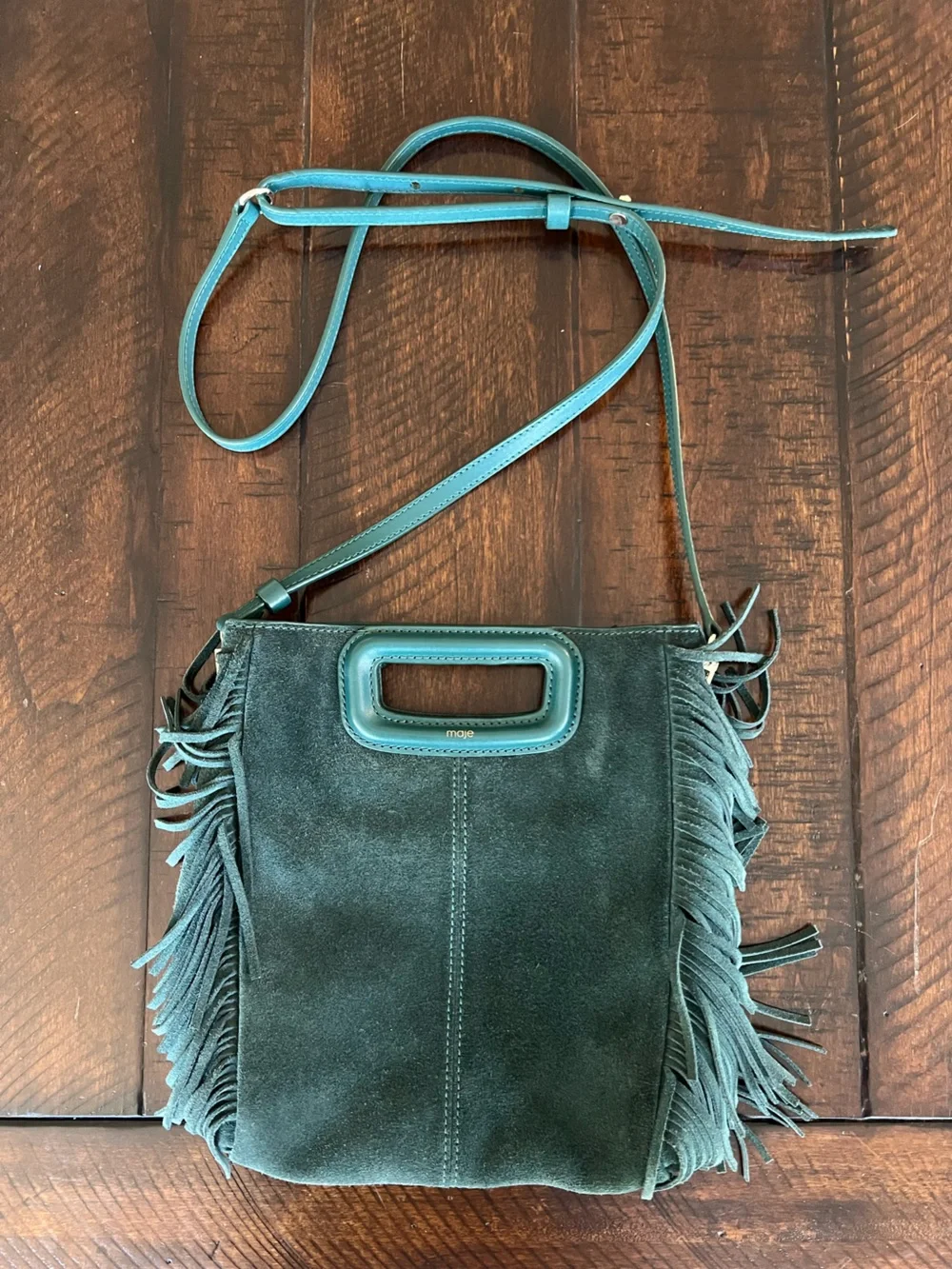 Maje Green Suede Fringe Crossbody Bag Boho Festival Leather Purse - Picture 8 of 8